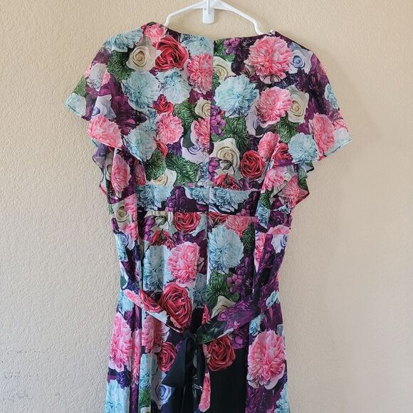 Ulla Popken Maxi Dress Plus Size 18 Floral Flowy V Neck Lined Tie Back Nwt - Picture 8 of 9